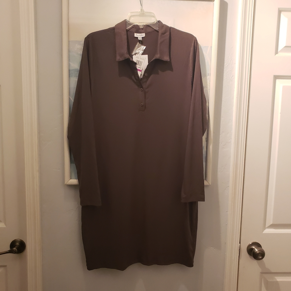 NWT Love Fire Women's olive Ribbed Polo Shirt Dress XL Long Sleeve Knit Midi